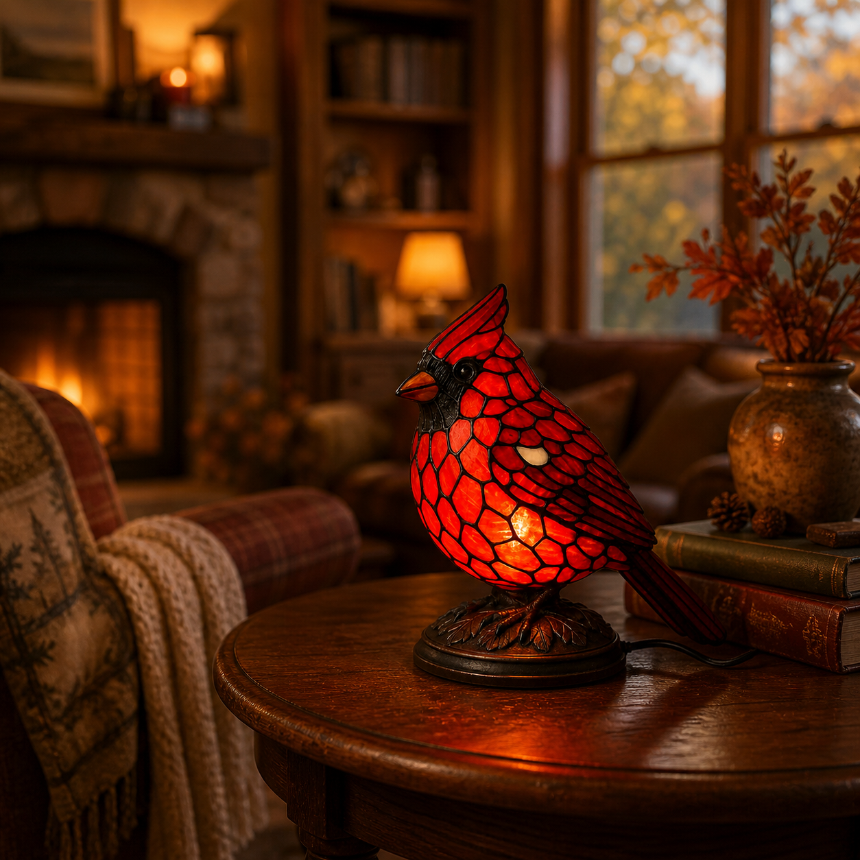 Cardinal Lamp Stained Glass, Red Bird Stained Glass Night Light, Resin Cardinal Table Lamp, USB Powered Bird Decor, Bird Lover Gift, Nature Home Decor