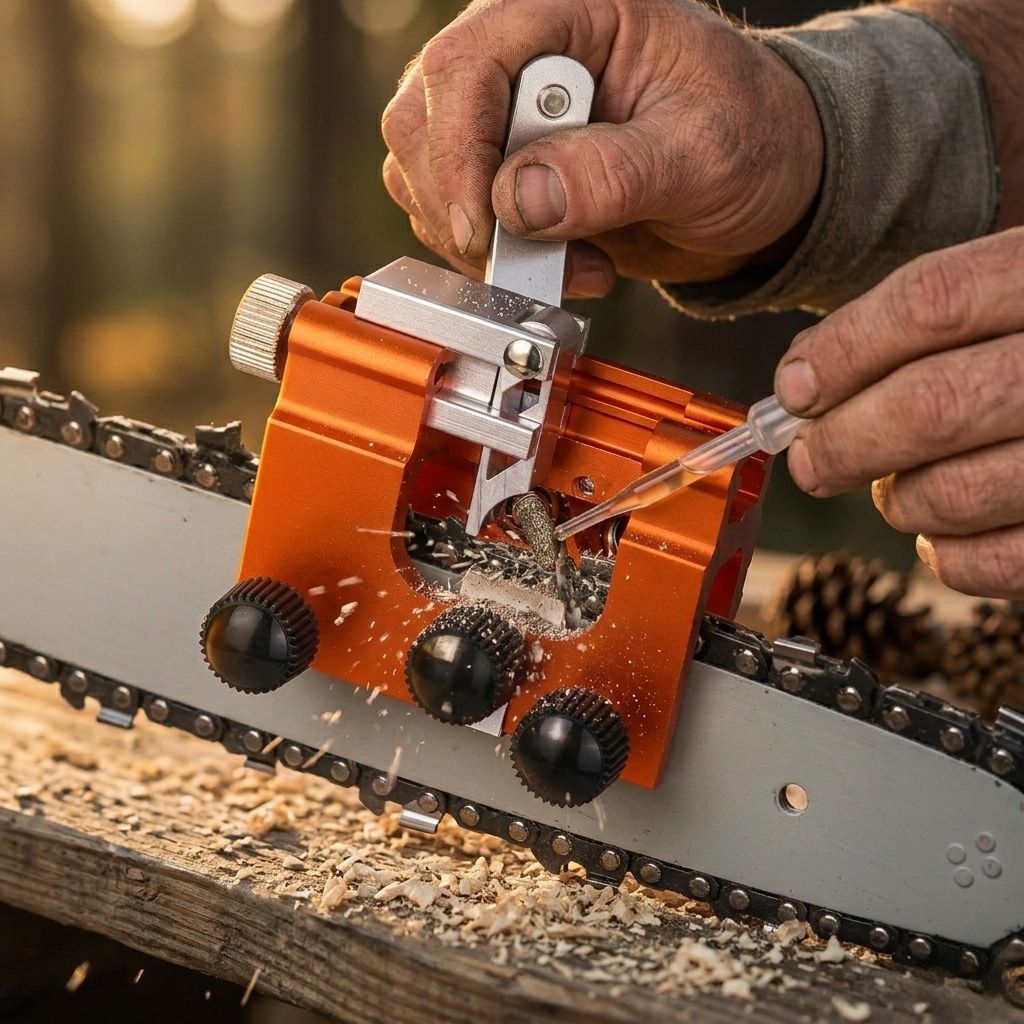 Klampero Chainsaw Sharpener, Clamp On Bar Mount Sharpening Tool, Hand Filing Guide, Gift for Woodworkers and Tree Cutters