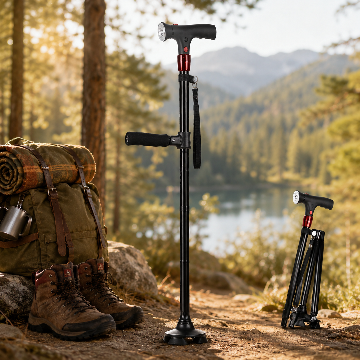 CaneHero Walking Cane, Foldable Walking Stick, Lightweight Travel Hiking Cane with LED Light, Compact Trekking Pole, Outdoor Gift for Hikers (Copia)