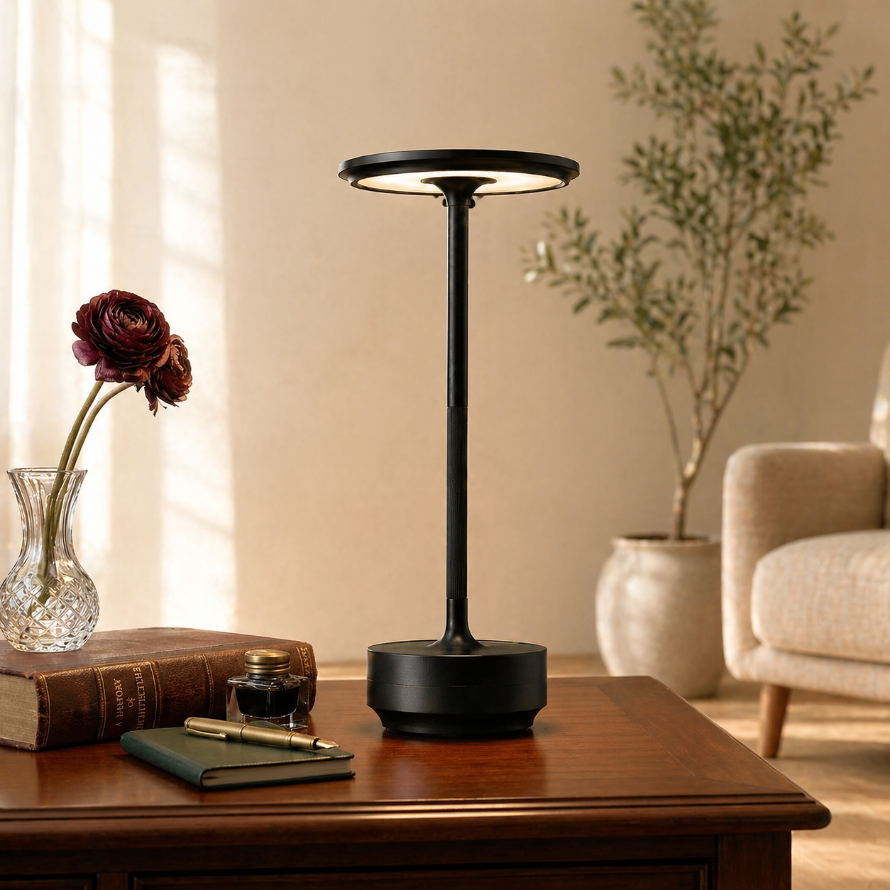 Outfany EcoLume Lamp, Cordless LED Touch Table Lamp, 3 Brightness Levels Rechargeable Bedside Light, Modern Decor, Gift for Her