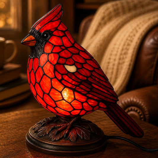 Cardinal Lamp Stained Glass, Red Bird Stained Glass Night Light, Resin Cardinal Table Lamp, USB Powered Bird Decor, Bird Lover Gift, Nature Home Decor